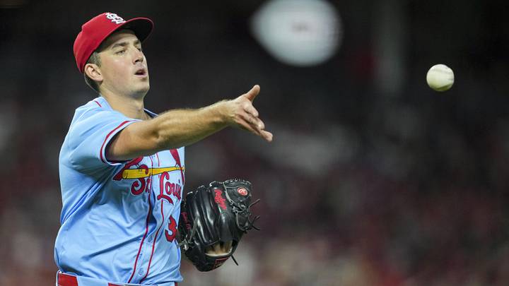 Aug 30, 2025; Cincinnati, Ohio, USA; St. Louis Cardinals pitcher Michael McGreevy (36) throws out Cincinnati Reds third baseman Ke'Bryan Hayes (3) at first base in the sixth inning at Great American Ball Park. Mandatory Credit: Aaron Doster-Imagn Images
