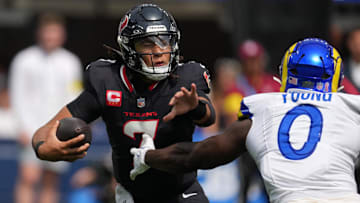 Sep 7, 2025; Inglewood, California, USA; Houston Texans quarterback C.J. Stroud (7) during the game against the Los Angeles Rams at SoFi Stadium. Mandatory Credit: Kirby Lee-Imagn Images
