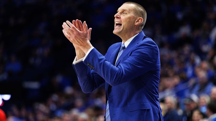 Jan 24, 2026; Lexington, Kentucky, USA; Kentucky Wildcats head coach Mark Pope claps after a possession during the second half against the Mississippi Rebels at Rupp Arena at Central Bank Center. Mandatory Credit: Jordan Prather-Imagn Images