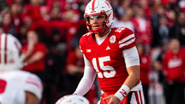Dylan Raiola waits for a snap during the Huskers' 2024 game against Wisconsin.