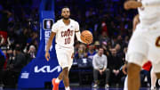 Feb 23, 2024; Philadelphia, Pennsylvania, USA; Cleveland Cavaliers guard Darius Garland (10) controls the ball against the Philadelphia 76ers in the first quarter at Wells Fargo Center. Mandatory Credit: Kyle Ross-USA TODAY Sports