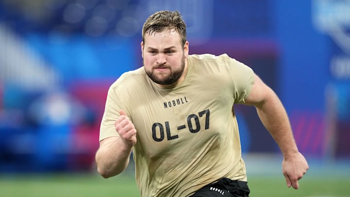 Kansas State offensive lineman Cooper Beebe (OL07) during the 2024 NFL Combine at Lucas Oil Stadium. 