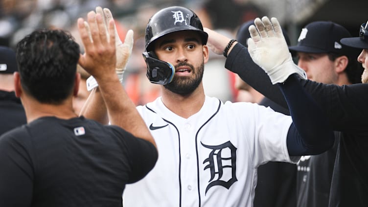 May 16, 2023; Detroit, Michigan, USA; Detroit Tigers center fielder Riley Greene (31) celebrates his