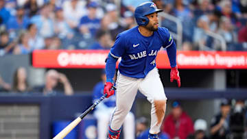 Toronto Blue Jays outfielder Steward Berroa lines a base hit last September against the Miami Marlins.