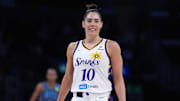 May 27, 2025; Los Angeles, California, USA; LA Sparks guard Kelsey Plum (10) reacts in the first half against the Atlanta Dream at Crypto.com Arena. Mandatory Credit: Kirby Lee-Imagn Images