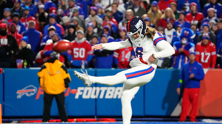 Oct 15, 2023; Orchard Park, New York, USA; New York Giants punter Jamie Gillan (6) punts the ball against the Buffalo Bills during the first half at Highmark Stadium.  