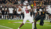 Sep 20, 2025; Columbia, Missouri, USA; South Carolina Gamecocks quarterback LaNorris Sellers (16) throws a pass against the Missouri Tigers during the second half of the game at Faurot Field at Memorial Stadium. Mandatory Credit: Denny Medley-Imagn Images