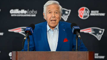 New England Patriots owner Robert Kraft introduces Mike Vrabel (not photographed) as the New England Patriots new head coach at a press conference at Gillette Stadium.