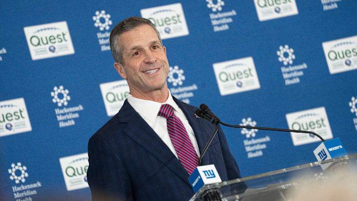 New Giants Head Coach John Harbaugh speaks during a press conference welcoming Harbaugh at the Quest Diagnostics Training Center in East Rutherford on Tuesday, Jan. 20, 2025.