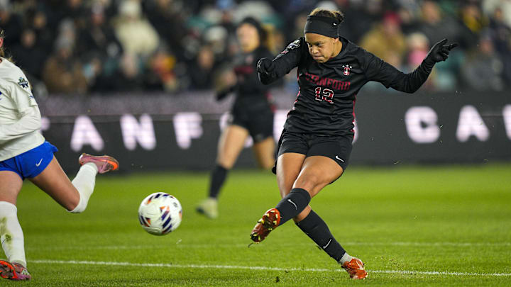 Stanford midfielder Jasmine Aikey shoots against Duke in a 2025 NCAA Women’s College Cup semifinal match. Stanford midfielder Jasmine Aikey shoots against Duke in a 2025 NCAA Women’s College Cup semifinal match.