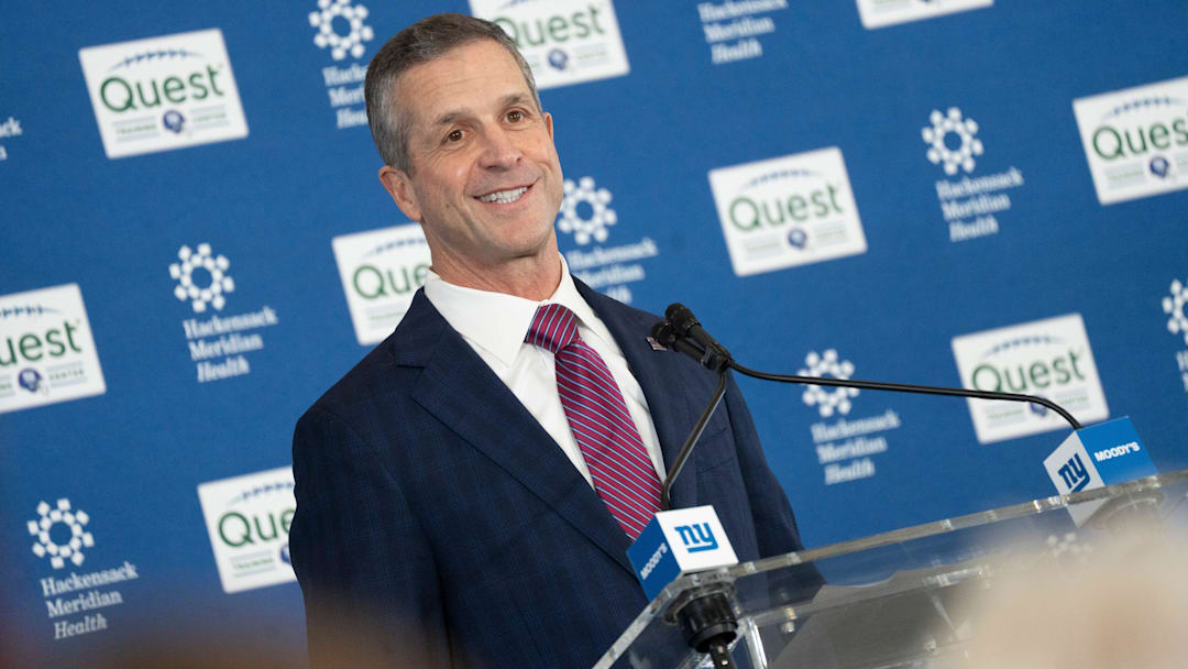 New Giants Head Coach John Harbaugh speaks during a press conference welcoming Harbaugh at the Quest Diagnostics Training Center in East Rutherford on Tuesday, Jan. 20, 2025.