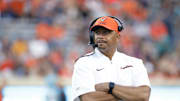 Aug 30, 2025; Charlottesville, Virginia, USA; Virginia Cavaliers head coach Tony Elliott looks on from the field during the second quarter against the Coastal Carolina Chanticleers at Scott Stadium. Mandatory Credit: Amber Searls-Imagn Images