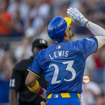 Aug 2, 2024; Minneapolis, Minnesota, USA; Minnesota Twins designated hitter Royce Lewis (23) celebrates after hitting a two run home run against the Chicago White Sox in the first inning at Target Field.