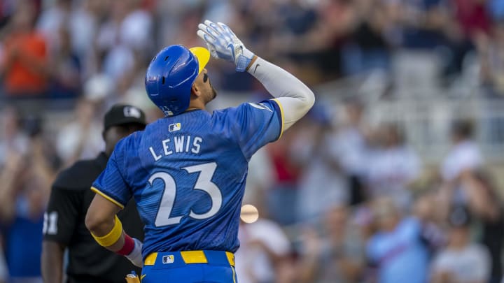 Aug 2, 2024; Minneapolis, Minnesota, USA; Minnesota Twins designated hitter Royce Lewis (23) celebrates after hitting a two run home run against the Chicago White Sox in the first inning at Target Field.