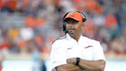 Aug 30, 2025; Charlottesville, Virginia, USA; Virginia Cavaliers head coach Tony Elliott looks on from the field during the second quarter against the Coastal Carolina Chanticleers at Scott Stadium. Mandatory Credit: Amber Searls-Imagn Images