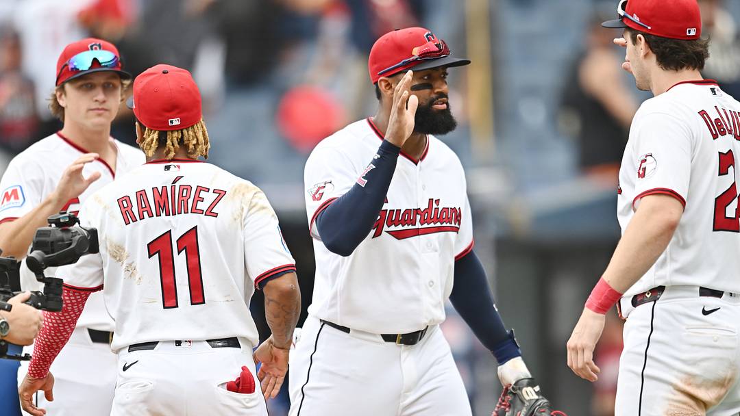Aug 30, 2026; Cleveland, Ohio, USA; Cleveland Guardians left fielder Jo Adell (7) celebrates with right fielder Chase DeLauter (24) after the Guardians beat the Kansas City Royals at Progressive Field. Mandatory Credit: Ken Blaze-Imagn Images
