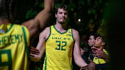 Dec 8, 2024; Eugene, Oregon, USA; Oregon Ducks center Nate Bittle (32) is introduced before the game against the UCLA Bruins at Matthew Knight Arena. Mandatory Credit: Craig Strobeck-Imagn Images