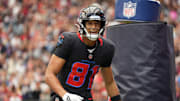 Oct 26, 2025; Houston, Texas, USA; Houston Texans wide receiver Jayden Higgins (81) reacts after catching a pass for a touchdown during the second quarter against the San Francisco 49ers at NRG Stadium. Mandatory Credit: Sean Thomas-Imagn Images