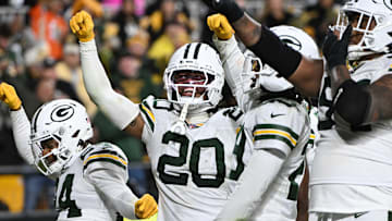 The Green Bay Packers, including safety Javon Bullard, celebrate a turnover during their win at Pittsburgh.