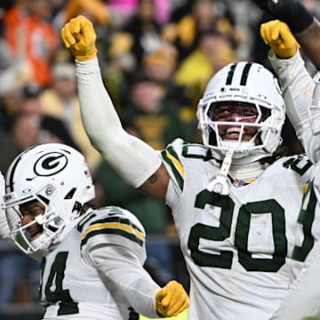 The Green Bay Packers, including safety Javon Bullard, celebrate a turnover during their win at Pittsburgh.