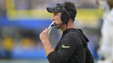 Oct 27, 2024; Inglewood, California, USA; New Orleans Saints head coach Dennis Allen on the sidelines in the second half against the Los Angeles Chargers at SoFi Stadium. Mandatory Credit: Jayne Kamin-Oncea-Imagn Images