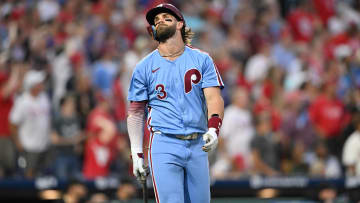 Jun 27, 2024; Philadelphia, Pennsylvania, USA; Philadelphia Phillies first baseman Bryce Harper (3) reacts after flying out against the Miami Marlins in the seventh inning at Citizens Bank Park. Mandatory Credit: Kyle Ross-USA TODAY Sports