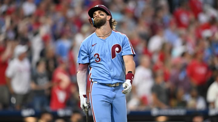 Jun 27, 2024; Philadelphia, Pennsylvania, USA; Philadelphia Phillies first baseman Bryce Harper (3) reacts after flying out against the Miami Marlins in the seventh inning at Citizens Bank Park. Mandatory Credit: Kyle Ross-USA TODAY Sports