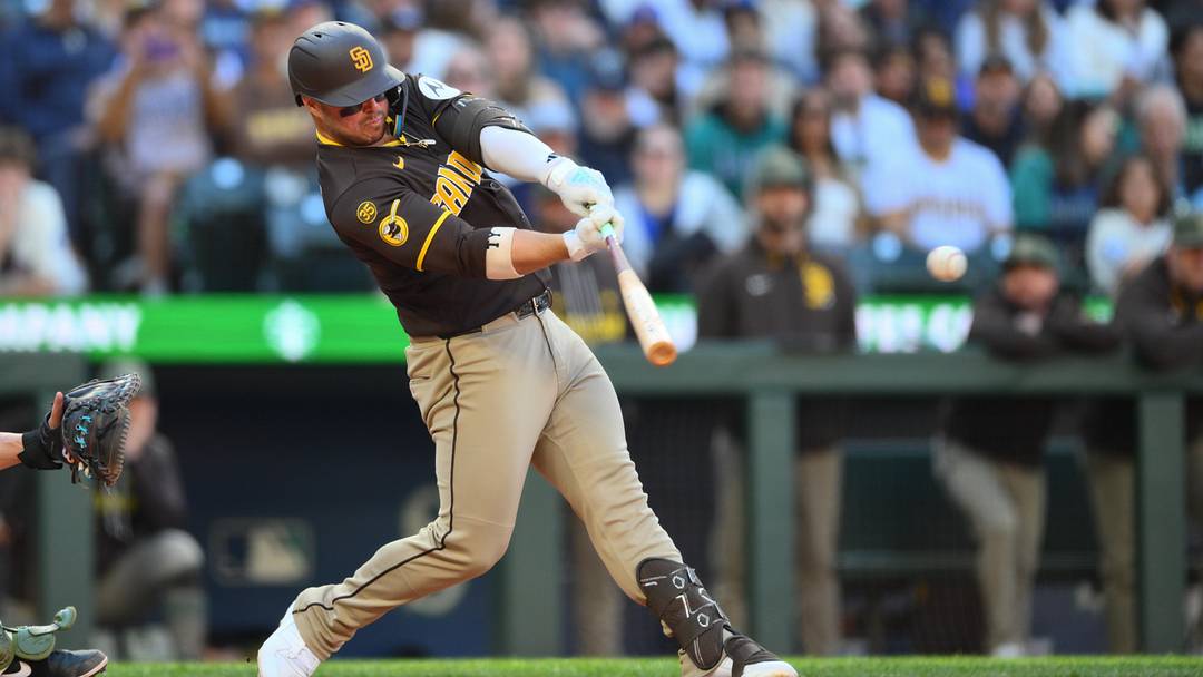 May 17, 2026; Seattle, Washington, USA; San Diego Padres first baseman Ty France (25) hits an RBI single against the Seattle Mariners during the fifth inning at T-Mobile Park. Mandatory Credit: Steven Bisig-Imagn Images May 17, 2026; Seattle, Washington, USA; San Diego Padres first baseman Ty France (25) hits an RBI single against the Seattle Mariners during the fifth inning at T-Mobile Park. Mandatory Credit: Steven Bisig-Imagn Images