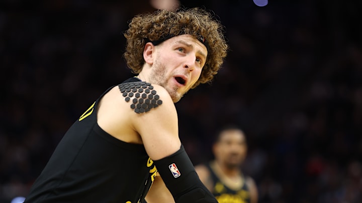 Apr 2, 2026; San Francisco, California, USA; Golden State Warriors guard Brandin Podziemski (2) looks to the referee during the fourth quarter against the Cleveland Cavaliers at Chase Center. Mandatory Credit: Kelley L Cox-Imagn Images
