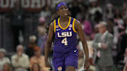 Feb 16, 2025; Austin, Texas, USA; Louisiana State Lady Tigers guard Flau'jae Johnson (4) reacts after scoring during the first half against the Texas Longhorns at Moody Center. Mandatory Credit: Scott Wachter-Imagn Images