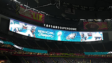 Feb 9, 2025; New Orleans, LA, USA; An overall view of signage displayed after the Philadelphia Eagles defat the Kansas City Chiefs in Super Bowl LIX at Caesars Superdome. Mandatory Credit: Kirby Lee-Imagn Images