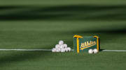 Aug 22, 2022; Oakland, California, USA; General view of the baseballs during batting practice between the Oakland Athletics and the Miami Marlins at RingCentral Coliseum. Mandatory Credit: Stan Szeto-USA TODAY Sports
