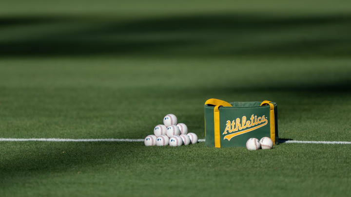 Aug 22, 2022; Oakland, California, USA; General view of the baseballs during batting practice between the Oakland Athletics and the Miami Marlins at RingCentral Coliseum. Mandatory Credit: Stan Szeto-USA TODAY Sports