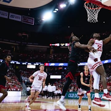 Wisconsin Badgers guard John Blackwell goes for a layup against Northern Illinois. The Badgers won, 97-72, at the Kohl Center on November 7, 2025.