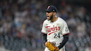 Sep 15, 2025; Minneapolis, Minnesota, USA; Minnesota Twins starting pitcher Simeon Woods Richardson (24) reacts after getting the third out in the sixth inning against the New York Yankees at Target Field. Mandatory Credit: Jesse Johnson-Imagn Images