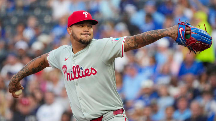 Philadelphia Phillies starting pitcher Taijuan Walker (99) delivers a pitch against the Kansas City Royals in the first inning at Kauffman Stadium.