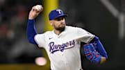 Texas Rangers starting pitcher Nathan Eovaldi (17) pitches against the Baltimore Orioles during the first inning at Globe Life Field. 
