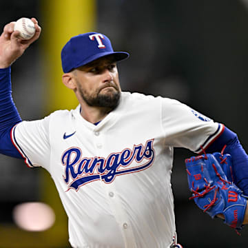 Texas Rangers starting pitcher Nathan Eovaldi (17) pitches against the Baltimore Orioles during the first inning at Globe Life Field. 