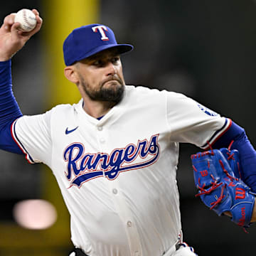 Jul 2, 2025; Arlington, Texas, USA; Texas Rangers starting pitcher Nathan Eovaldi (17) pitches against the Baltimore Orioles during the first inning at Globe Life Field. 