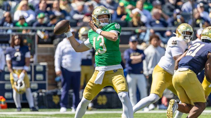 Apr 12, 2025; Notre Dame, IN, USA; Notre Dame Fighting Irish quarterback CJ Carr (13) throws a pass during the Blue-Gold game at Notre Dame Stadium. Mandatory Credit: Michael Caterina-Imagn Images