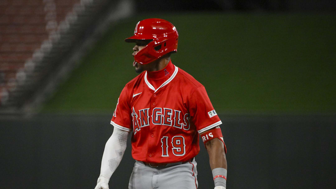 Apr 1, 2025; St. Louis, Missouri, USA;  Los Angeles Angels second baseman Kyren Paris (19) reacts after hitting a one run single against the St. Louis Cardinals during the 11th inning at Busch Stadium. Mandatory Credit: Jeff Curry-Imagn Images