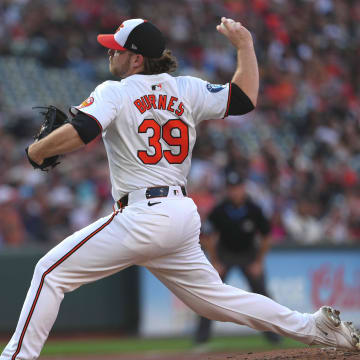 Baltimore Orioles pitcher Corbin Burnes (39) delivers in the second inning against the Texas Rangers at Oriole Park at Camden Yards. 