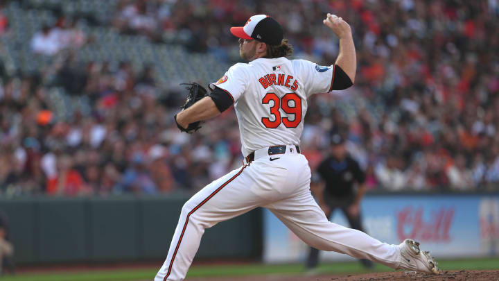 Baltimore Orioles pitcher Corbin Burnes (39) delivers in the second inning against the Texas Rangers at Oriole Park at Camden Yards. Mandatory Credit: Mitch Stringer-USA TODAY Sports