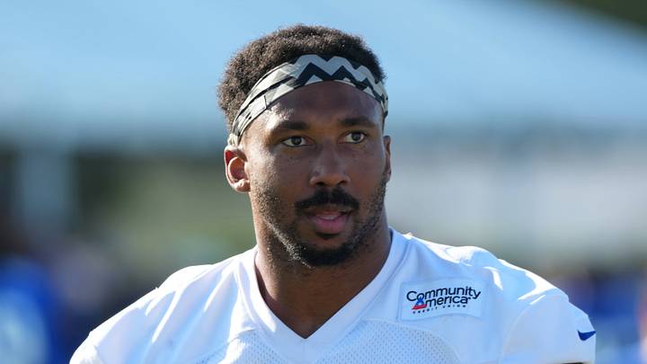Jul 27, 2026; Westchester, CA, USA; Los Angeles Rams defensive end Myles Garrett (95) during training camp  at Loyola Marymount University. Mandatory Credit: Kirby Lee-Imagn Images