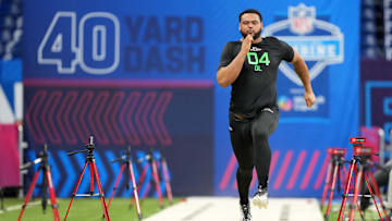 Mar 2, 2025; Indianapolis, IN, USA; Kansas offensive lineman Logan Brown (OL04) during the 2025 NFL Scouting Combine at Lucas Oil Stadium. Mandatory Credit: Kirby Lee-Imagn Images