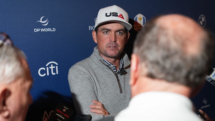 U.S Ryder Cup captain Keegan Bradley gives an interview to members of the media.