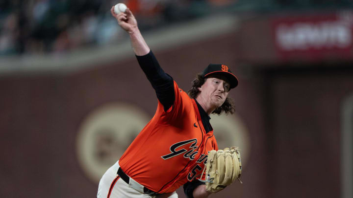 Jul 26, 2024; San Francisco, California, USA;  San Francisco Giants pitcher Mike Baumann (54) pitches during the eighth inning against the Colorado Rockies at Oracle Park. Mandatory Credit: Stan Szeto-USA TODAY Sports