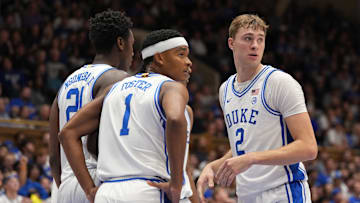 Wofford v Duke; Duke basketball guard Caleb Foster and forward Cooper Flagg look towards the bench against Wofford