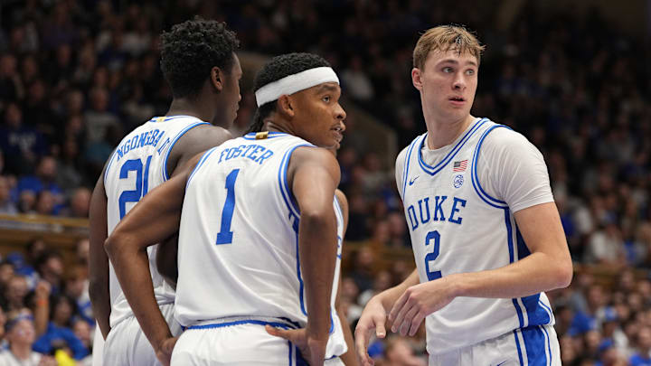 Wofford v Duke; Duke basketball guard Caleb Foster and forward Cooper Flagg look towards the bench against Wofford