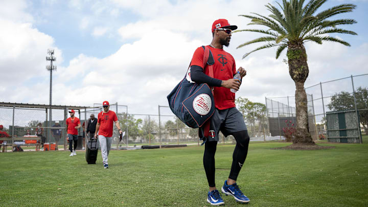 Feb 18, 2025; Lee County, FL, USA; Minnesota Twins center fielder Byron Buxton (25) walks to the field during the teamís spring training at the Lee Health Sports Complex . Credit: Chris Tilley-Imagn Images